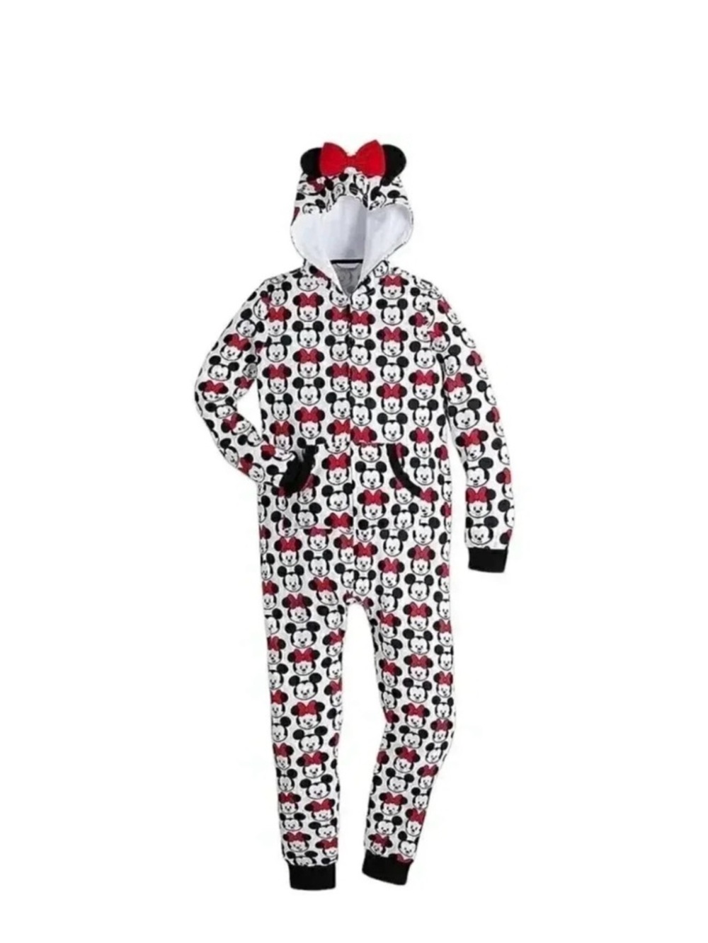 Woman’s Disney Mickey & Minnie Hooded One-Piece Pajamas in White, Black & Red